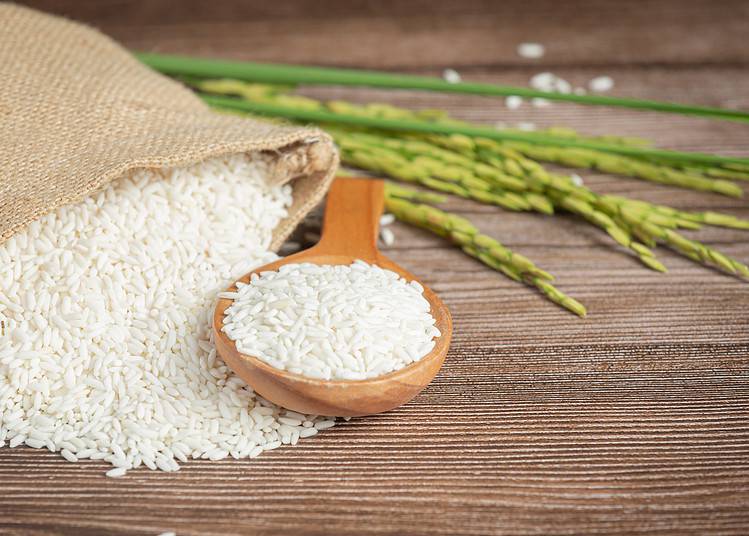 sac de riz avec du riz sur une cuillère en bois et plante de riz
