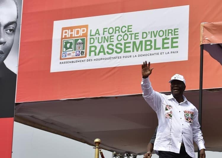 Ivorian president Alassane Ouattara attends a meeting of supporters of the "Rally of Houphouetists for Democracy and Peace" (RHDP) during a commemoration in tribute to former President Felix Houphouet-Boigny, in Yamoussoukro, on December 7, 2019. (Photo by SIA KAMBOU / AFP)