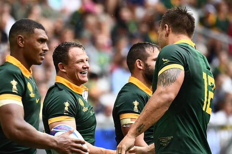 South Africa's hooker Deon Fourie (2nd L) celebrates with teammates after scoring the team's sixth try during the France 2023 Rugby World Cup Pool B match between South Africa and Romania at Stade de Bordeaux in Bordeaux, south-western France on September 17, 2023. (Photo by Christophe ARCHAMBAULT / AFP)