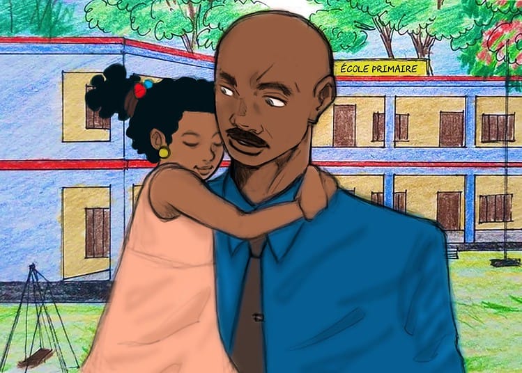 Un père tenant sa fille dans les bras/ Illustration : Junior Shaw