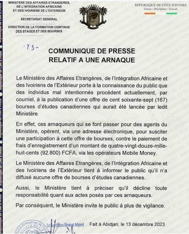 Côte d'Ivoire : Le gouvernement met en garde contre une escroquerie portant sur des bourse canadienne