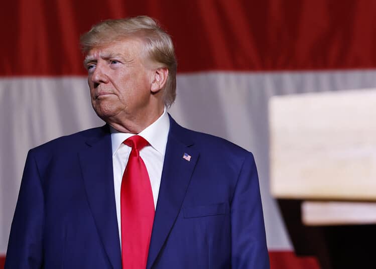 COLUMBUS, GEORGIA - JUNE 10: Former U.S. President Donald Trump arrives to deliver remarks to the Georgia state GOP convention at the Columbus Convention and Trade Center on June 10, 2023 in Columbus, Georgia. On Friday, former President Trump was indicted by a federal grand jury on 37 felony counts in Special Counsel Jack Smith’s classified documents probe. (Photo by Anna Moneymaker/Getty Images)