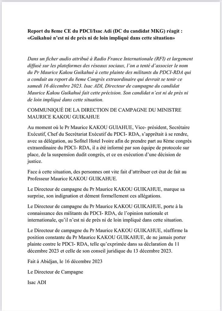 Suspension du Congrès du PDCI-RDA : Maurice Kakou Guikahué nie toute implication
