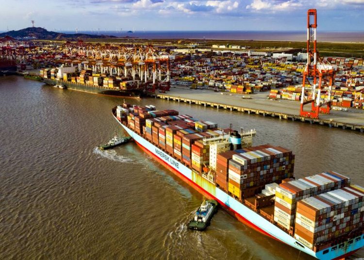 Le 23 octobre 2021, des cargos chargés sont visibles au terminal à conteneurs du port en eau profonde de Shanghai Yangshan.