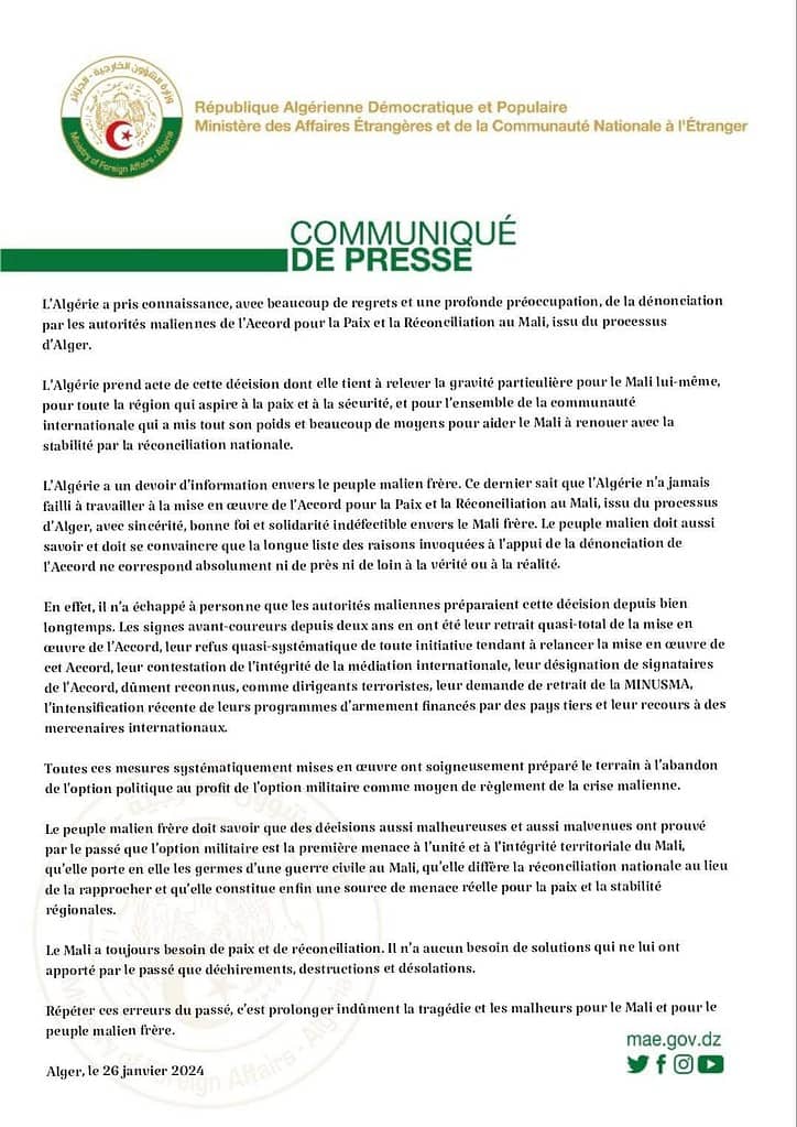 L’Algérie exprime sa préoccupation face à la décision du Mali de rompre l’Accord d’Alger