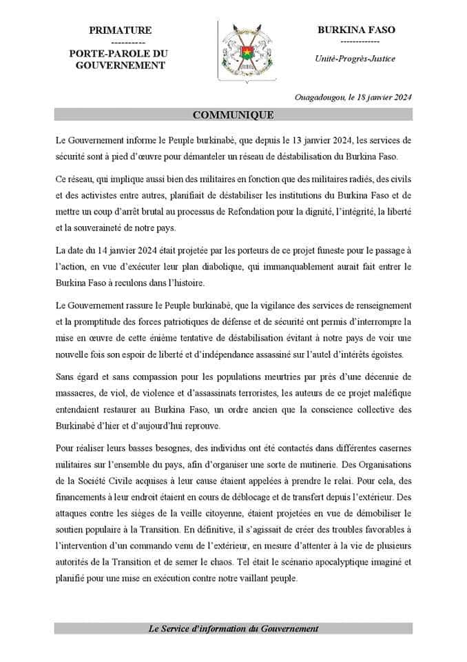 Burkina Faso : Déjouement d'un complot de déstabilisation