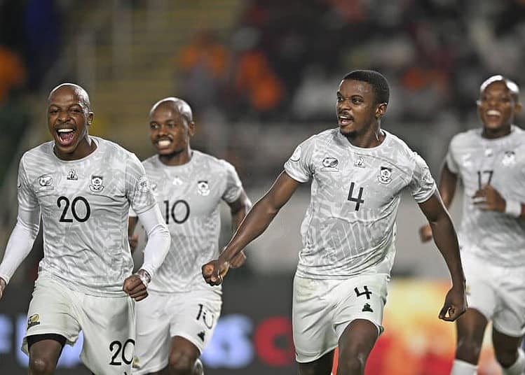 Teboho Mokoena of South Africa runs to celebrate his goal during the 2023 Africa Cup of Nations match between Morocco and South Africa at Laurent Pokou Stadium in San Pedro, Cote dIvoire on 30 January 2024 - Photo by Icon Sport