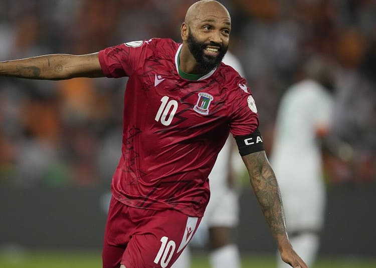 Equatorial Guinea's Emilio Nsue, celebrates scoring his second goal during the African Cup of Nations Group A soccer match between Ivory Coast and Equatorial Guinea at the Olympic Stadium of Ebimpe in Abidjan, Ivory Coast, Monday, Jan. 22, 2024. (AP Photo/Sunday Alamba)
