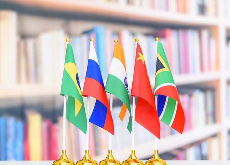 BRICS economy and policies concept : Flags of BRICS or group of five major emerging national economy i.e Brazil, Russia, India, China, South Africa. BRICS members are all leading developing countries.