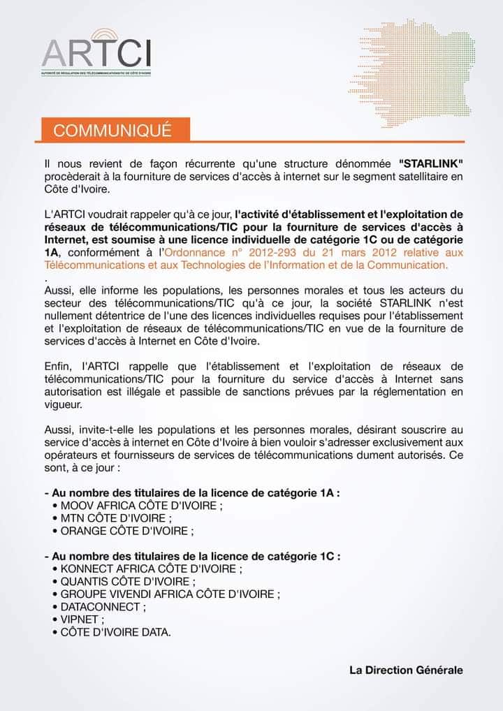 Côte d'Ivoire : l'ARTCI met en garde contre les services illégaux d'accès à Internet de STARLINK