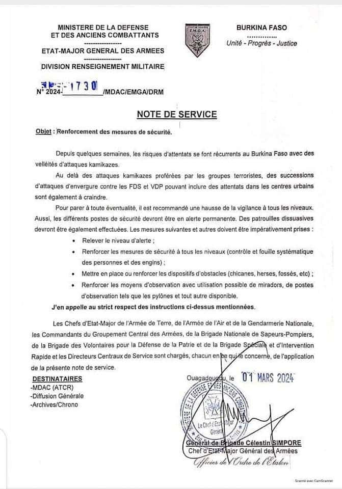 Le Burkina Faso renforce ses mesures de sécurité face aux risques d'attaques kamikazes