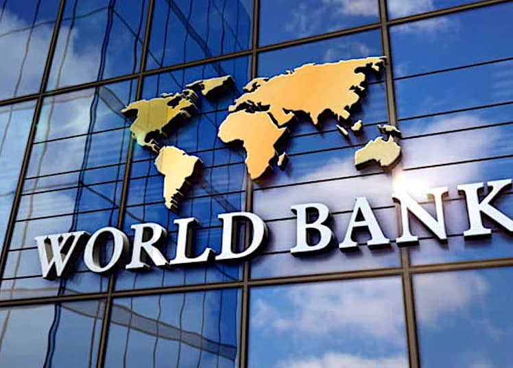 World Bank on glass building. Mirrored sky and city modern facade. Global capital, business, finance, economy, banking and money concept 3D rendering animation.
