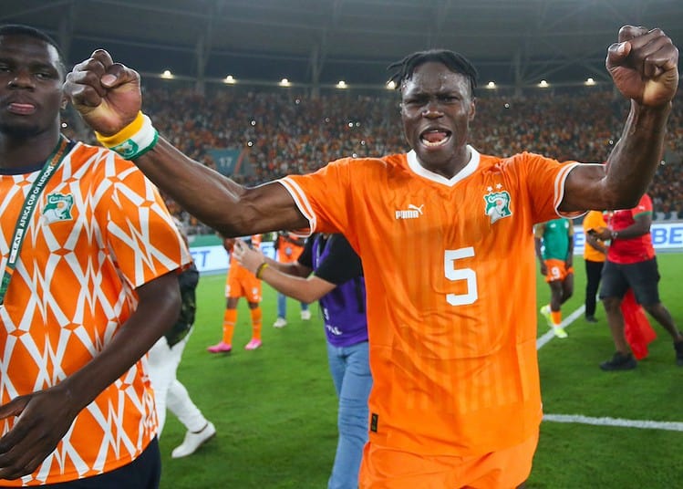 Wilfried Stephane Singo of Cote dIvoire celebrates victory during the 2023 Africa Cup of Nations match between Mali and Ivory Coast held at Peace Stadium in Bouake, Cote DIvoire on 03 February 2024 Djaffar Ladjal/Sports Inc - Photo by Icon Sport