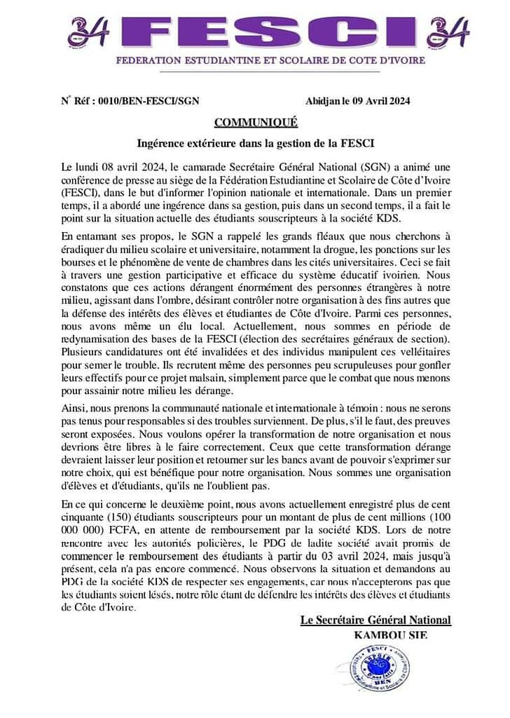 Côte d'Ivoire : Le syndicat des élèves et étudiants dénonce une ingérence externe dans ses affaires