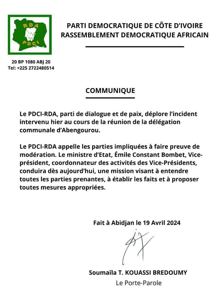 Côte d'Ivoire : Une bagarre entre deux responsables du PDCI-RDA éclate à Abengourou