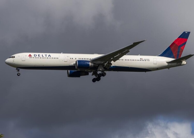 Delta Air Lines Boeing 767-400 aircraft spotted on final approach flying before landing at the runway of London Heathrow Airport LHR in the United Kingdom arriving from Atlanta, USA. The wide body B767 airplane has the registration tail number N840MH, powered by 2x GE jet engines. Delta Airlines is a major airline carrier in the United States, second largest in the world in terms of passenger traffic, having a fleet of 993 planes, member os SkyTeam aviation alliance. September 2024 (Photo by Nicolas Economou/NurPhoto via Getty Images)