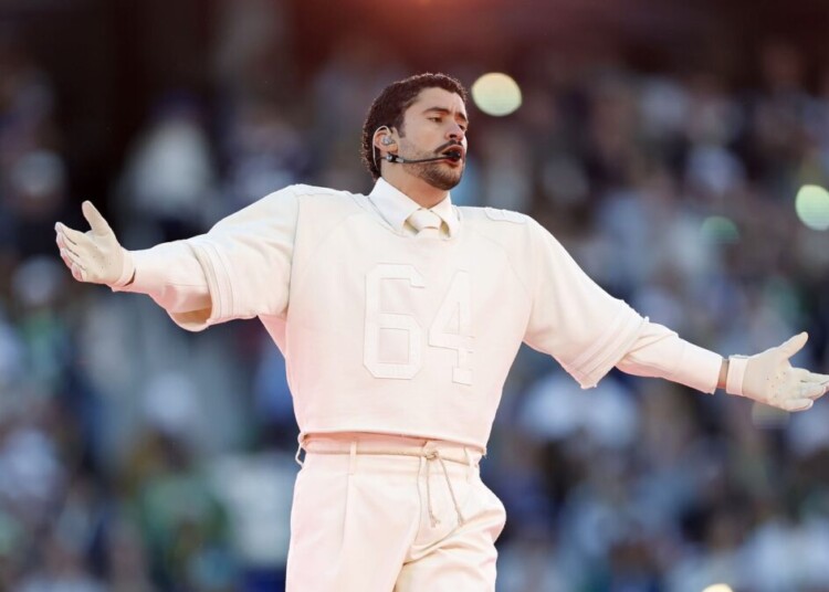 Bad Bunny performs during the Halftime Show of Super Bowl LX between the Seattle Seahawks and New England Patriots in Santa Clara, Calif. on Sunday, Feb. 8, 2026.