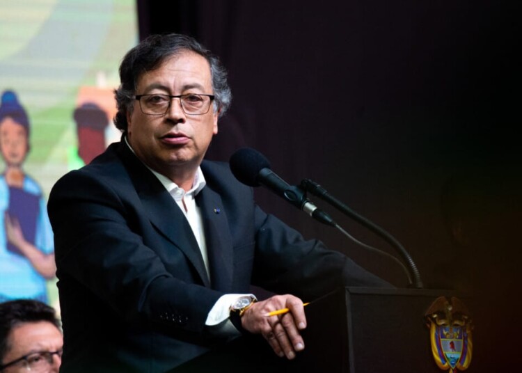 Colombian president Gustavo Petro during a ceremony to begin a six-month cease-fire as part of a process to begin a permanent peace between the ELN and the government in Bogota, Colombia on August 3, 2023. (Photo by: Chepa Beltran/Long Visual Press/Universal Images Group via Getty Images)