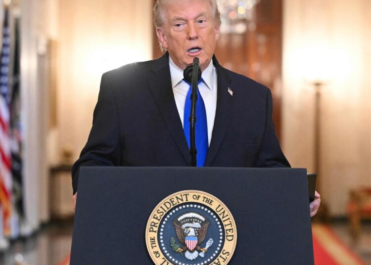 US President Donald Trump speaks during the Angel Families Remembrance Ceremony in the East Room of the White House in Washington, DC, on February 23, 2026. (Photo by SAUL LOEB / AFP)