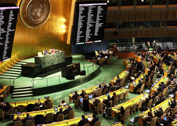NEW YORK, NEW YORK - APRIL 07: The results of the votes to expel Russia from the U.N. Human Rights Council of members of the United Nations General Assembly is seen on a screen during a continuation of the Eleventh Emergency Special Session on the invasion of Ukraine on April 07, 2022 in New York City. The United Nations General Assembly continued its special session on the invasion of Ukraine and will vote on a draft resolution that would expel Russia from the U.N. Human Rights Council after the discovery of dozens of civilian bodies in the town of Bucha after Russian forces retreated from the town. Michael M. Santiago/Getty Images/AFP
== FOR NEWSPAPERS, INTERNET, TELCOS & TELEVISION USE ONLY ==