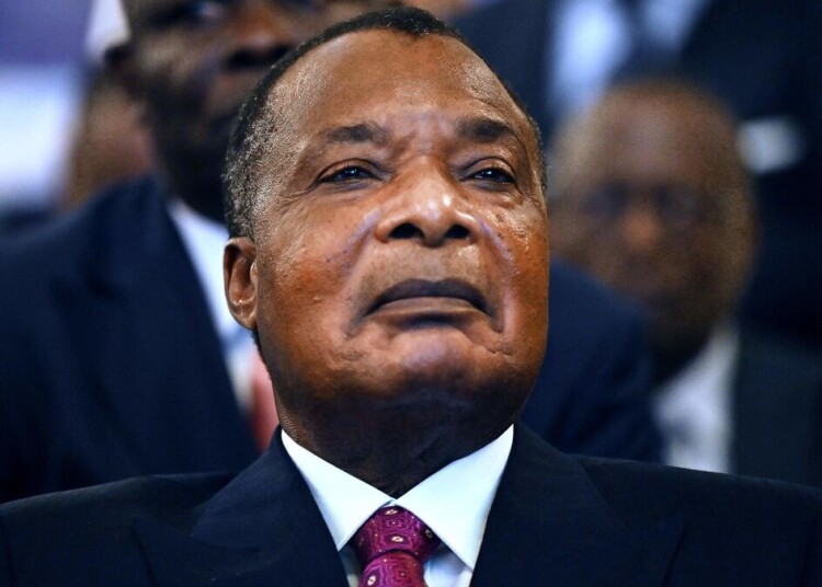 (FILES) Republic of Congo's President Denis Sassou Nguesso attends a reception as part of his state visit, at the Hotel Bristol in Paris, on May 22, 2025. Congo president Sassou Nguesso will stand for re-election in March presidential polls, his party said December 30, 2025 in choosing the 82-year-old for the contest, an AFP journalist reported. (Photo by Leo VIGNAL / AFP)