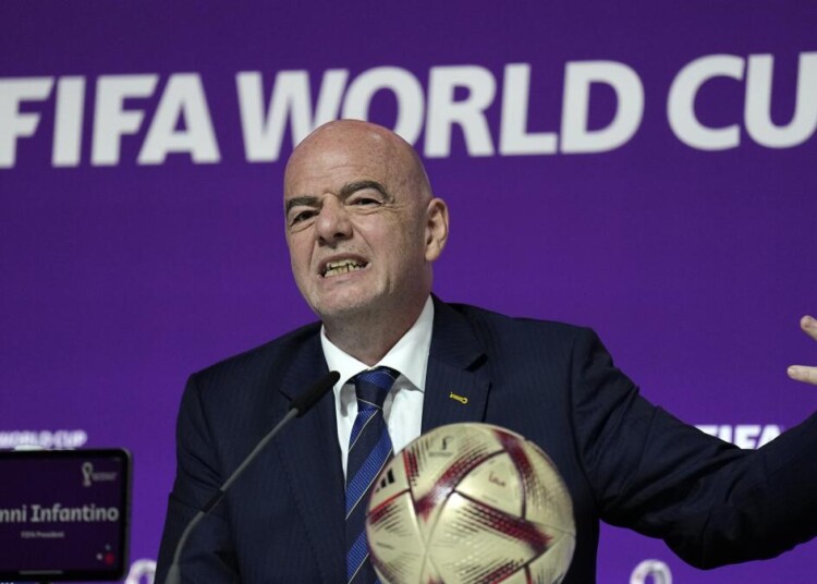 FIFA President Gianni Infantino meets the media at the FIFA World Cup closing press conference in Doha, Qatar, Friday, Dec. 16, 2022. (AP Photo/Martin Meissner)