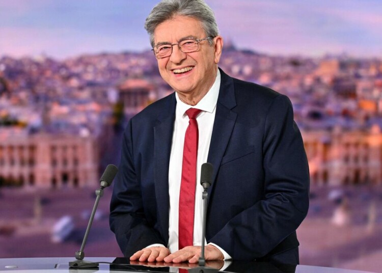 La France Insoumise (LFI) leader Jean-Luc Melenchon poses ahead of an interview on the French TV channel TF1's evening news program where he announced his candidacy for the 2027 French presidential election, in Boulogne-Billancourt, outside Paris, on May 3, 2026. (Photo by Julie SEBADELHA / AFP)