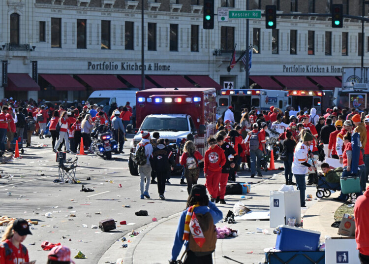 Feb 14, 2024; Kansas City, MO, USA; Fans leave the area after shots were fired after the celebration of the Kansas City Chiefs winning Super Bowl LVIII. Mandatory Credit: David Rainey-USA TODAY Sports/Sipa USA - Photo by Icon Sport