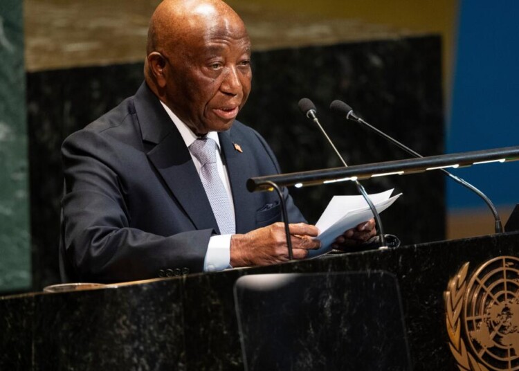 FILE -Liberia's President Joseph Boakai addresses the 80th session of the UN General Assembly at United Nations headquarters, Sept. 22, 2025. (AP Photo/Angelina Katsanis, File)
