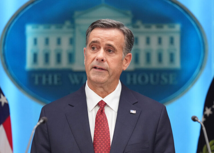 CIA Director John Ratcliffe speaks with reporters during a news conference with President Donald Trump in the James Brady Press Briefing Room at the White House, Monday, April 6, 2026, in Washington. (AP Photo/Mark Schiefelbein)